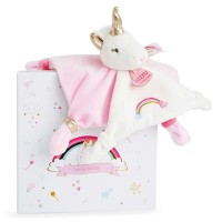 DC3312-Doudou plat Licorne rose et blanche - 20 cm