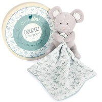 DC3966-Doudou mouchoir Souris grise - vert en coton BIO - 15 cm