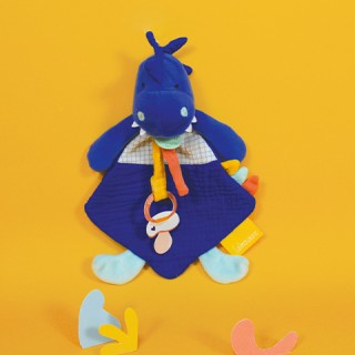 Coffret peluche dinosaure bleu- Attache tétine Sashou - 23  cm