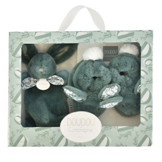 Lapin Doudou - Coffret cadeau Chaussons et Doudou Vert Sauge 15 cm