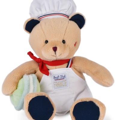 Peluche Ours beige - Chef avec Macaron vert - 28 cm