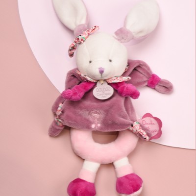 Peluche hochet Cerise le lapin rose - 19 cm