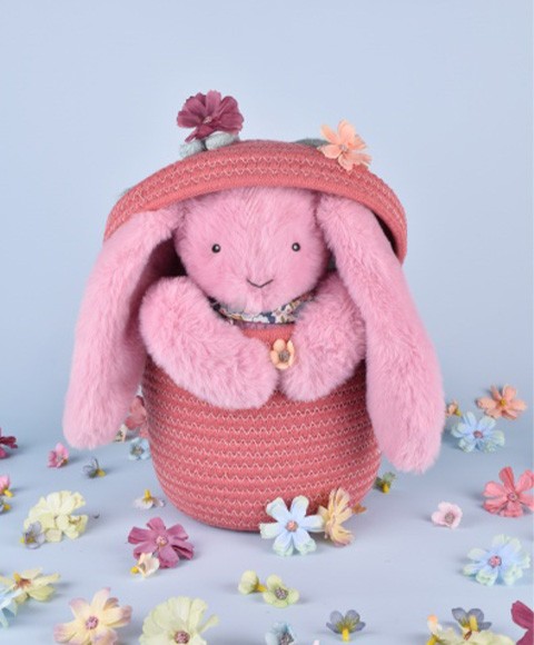 Peluche lapin rose grandes oreilles 25 cm avec bandana fleurs
