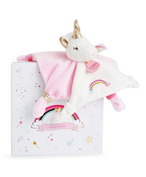 doudou carré licorne rose et blanc avec corne dorée et broderie arc en ciel