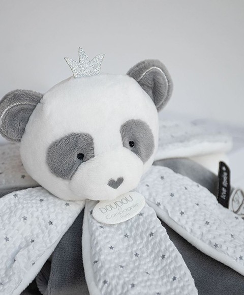 doudou panda gris plat avec forme de pétales blancs