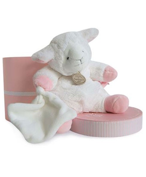 Peluche agneau beige et rose avec doudou mouchoir - 24 cm