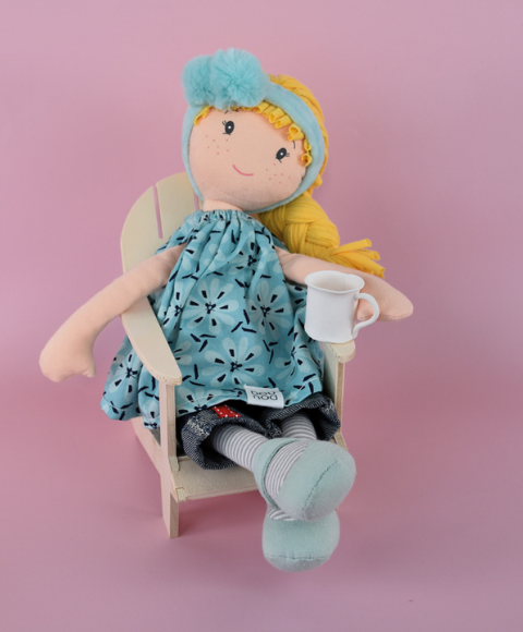 poupee de chiffon cheveux blonds avec bandeau bleu, robe bleue turquoise-Jolijou.png