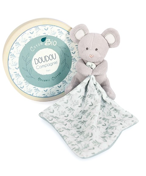DC3966-Doudou mouchoir Souris grise - vert en coton BIO - 15 cm
