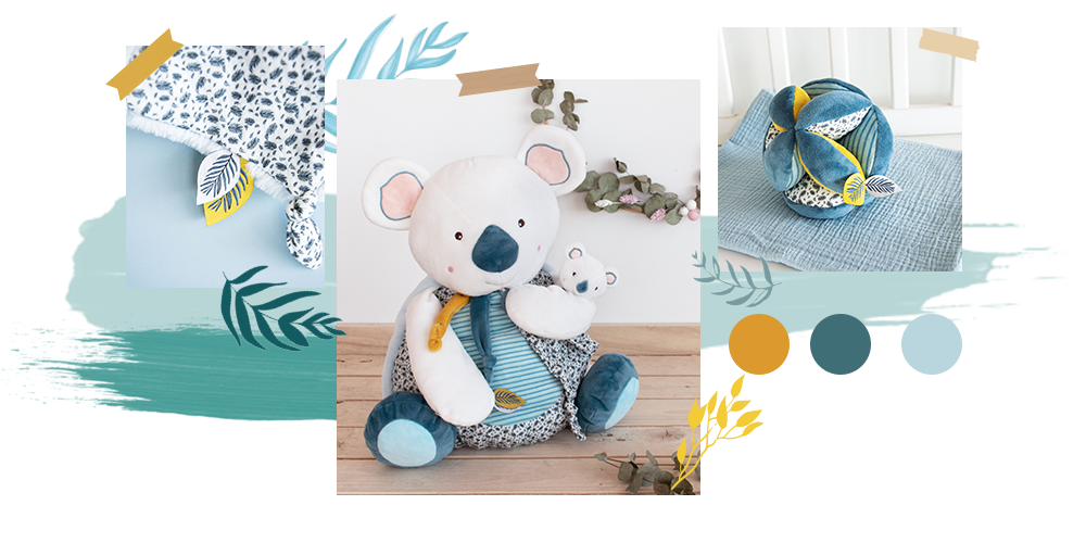 Doudou et Compagnie - Yoca le Koala - Plat - Bleu - 25cm - Idée/ Boite  Cadeau de Naissance Fille et Garçon - Garantie Perdu - DC3668