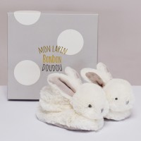 DC1310- chaussons en peluche lapin bonbon taupe