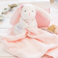 DC3337-Doudou mouchoir lapin rose - 10 cm - Boite fleur