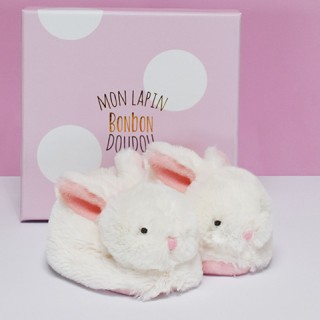 Coffret cadeau naissance chaussons lapin rose avec hochet - 0/6 mois