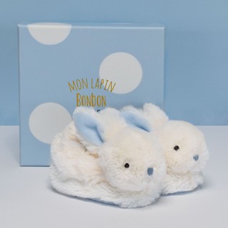 Coffret cadeau naissance chaussons lapin bleu avec hochet - 0/6 mois