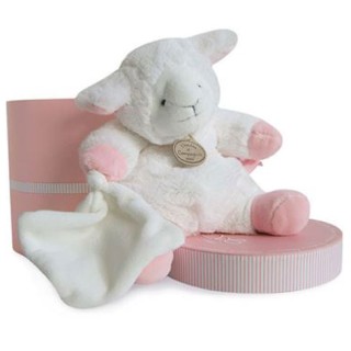 Peluche agneau beige et rose avec doudou mouchoir - 24 cm