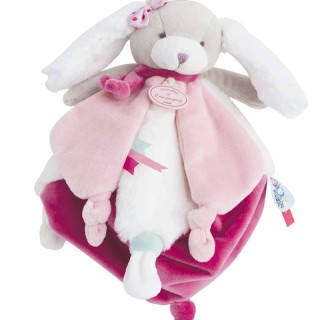 Doudou plat chien rose et blanc