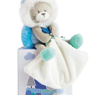 Peluche lion bleu avec doudou mouchoir - 20 cm - Artikool