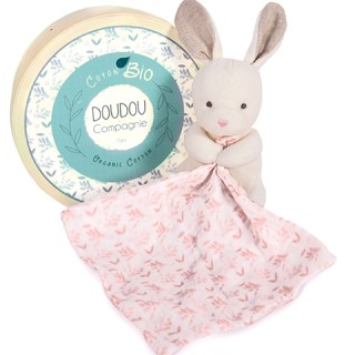 Doudou mouchoir lapin rose en coton BIO - 15 cm