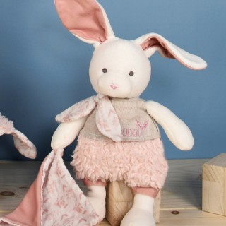 Lapin peluche écrue avec mouchoir rose en coton BIO - 22  cm
