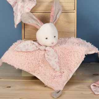 Doudou carré plat lapin rose en coton BIO - 25 cm