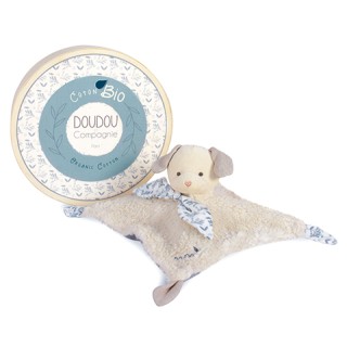 Doudou carré plat chien bleu en coton BIO - 25 cm