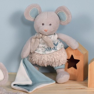 Souris en peluche grise avec mouchoir vert en coton BIO - 22 cm