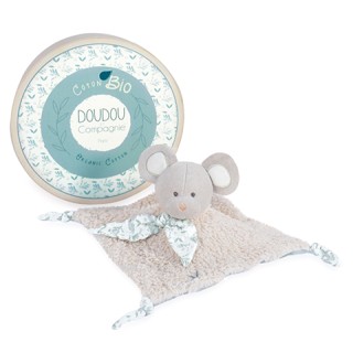 Doudou carré plat Souris grise en coton BIO- 25 cm