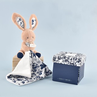 Doudou LAPIN bleu Marine avec mouchoir - BOH'AIME -