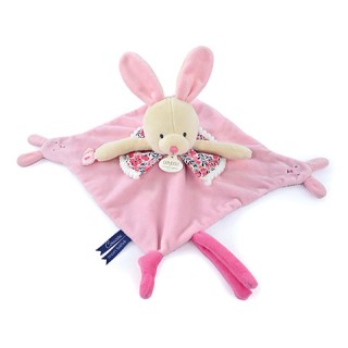 Doudou plat lapin rose avec marionnette à doigt - 30 cm