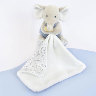 Doudou mouchoir elephant bleu et gris - 11 cm