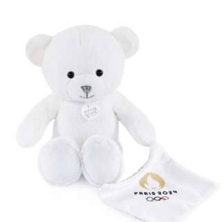 Ours en peluche blanc avec doudou paris 2024 - 25 cm
