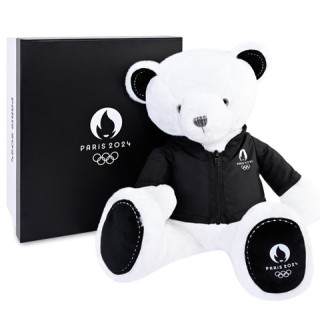 Ours en peluche blanc avec veste noire JO2024 - 40 cm - Collection Premium