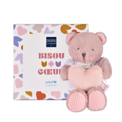 Peluche Ours Coeur UNICEF - Bisous cœur - 24 cm - Rose clair