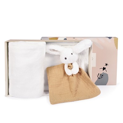Coffret cadeau naissance plaid et Doudou Lapin Happy Wild - 70 x 100 cm