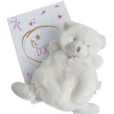 Doudou plat ours peluche blanc - Boite rose - 19 cm