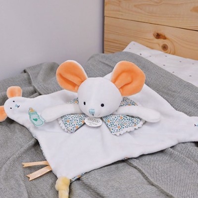 Doudou plat souris blanc avec marionnette à doigt - 30 cm