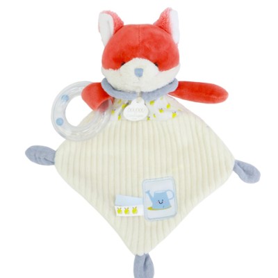 Doudou plat hochet billes -  Renard Romarin - 21 cm
