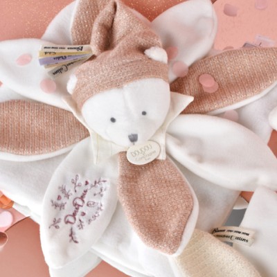 Doudou plat pétales Ours Rose - 25 cm - Collection Anniversaire