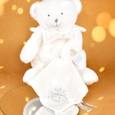 Doudou mouchoir ours Blanc - 30 cm - Collection Anniversaire