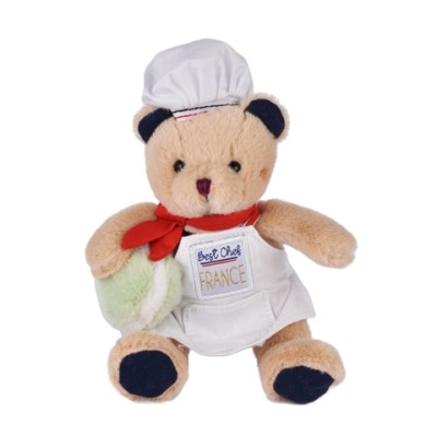Peluche Ours beige - Porte cle  - Chef avec Macaron vert - 15 cm