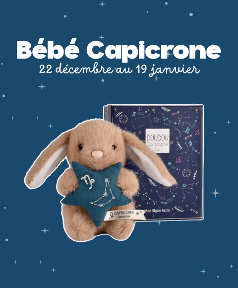 Peluche lapin Astro Capricorne beige tenant une étoile bleue brodée de la constellation, avec étiquette du signe,