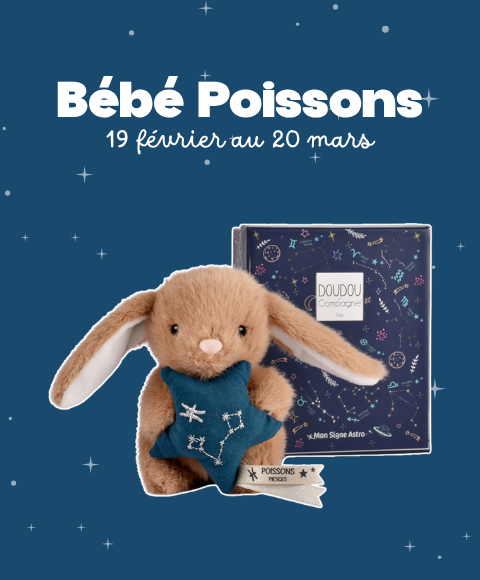Peluche lapin Doudou Astro Poisson marron tenant une étoile bleue brodée de la constellation, avec étiquette du signe, sur fond blanc.