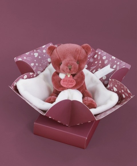Doudou mouchoir- Mon petit ourson - Rouge bordeaux- 10 cm