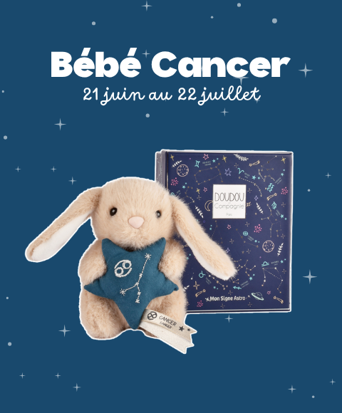 Peluche lapin Doudou Astro Cancer beige tenant une étoile bleue brodée de la constellation, avec étiquette du signe