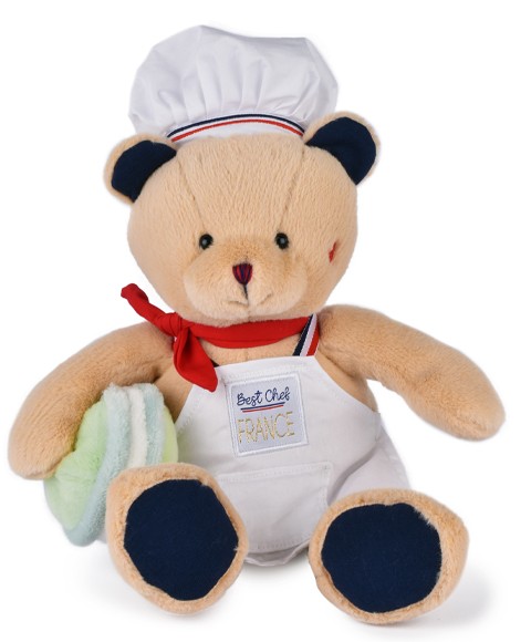 Peluche Ours beige - Chef avec Macaron vert sous le bras 28 cm