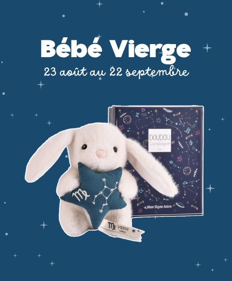 Peluche lapin Doudou Astro Vierge blanc tenant une étoile bleue brodée de la constellation, avec étiquette du signe, sur fond blanc.