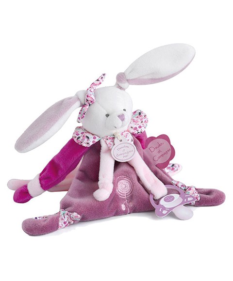 doudou attache sucette lapin écru, rose et liberty avec velcro pour attacher tétine
