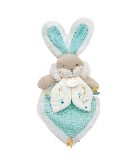 doudou lapin plat vert amande marron et beige