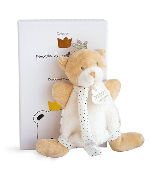 doudou ours marron et écru attache tétine avec couronne dorée
