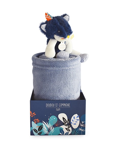 plaid polaire bébé bleu et doudou loup bleu marine