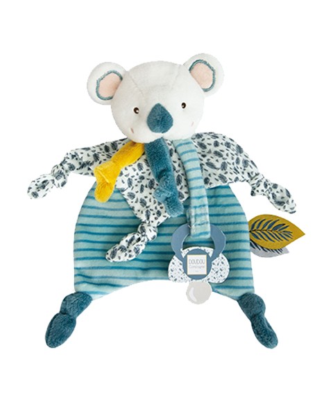 attache tétine koala bleu canard avec velcro et imprimé végétal